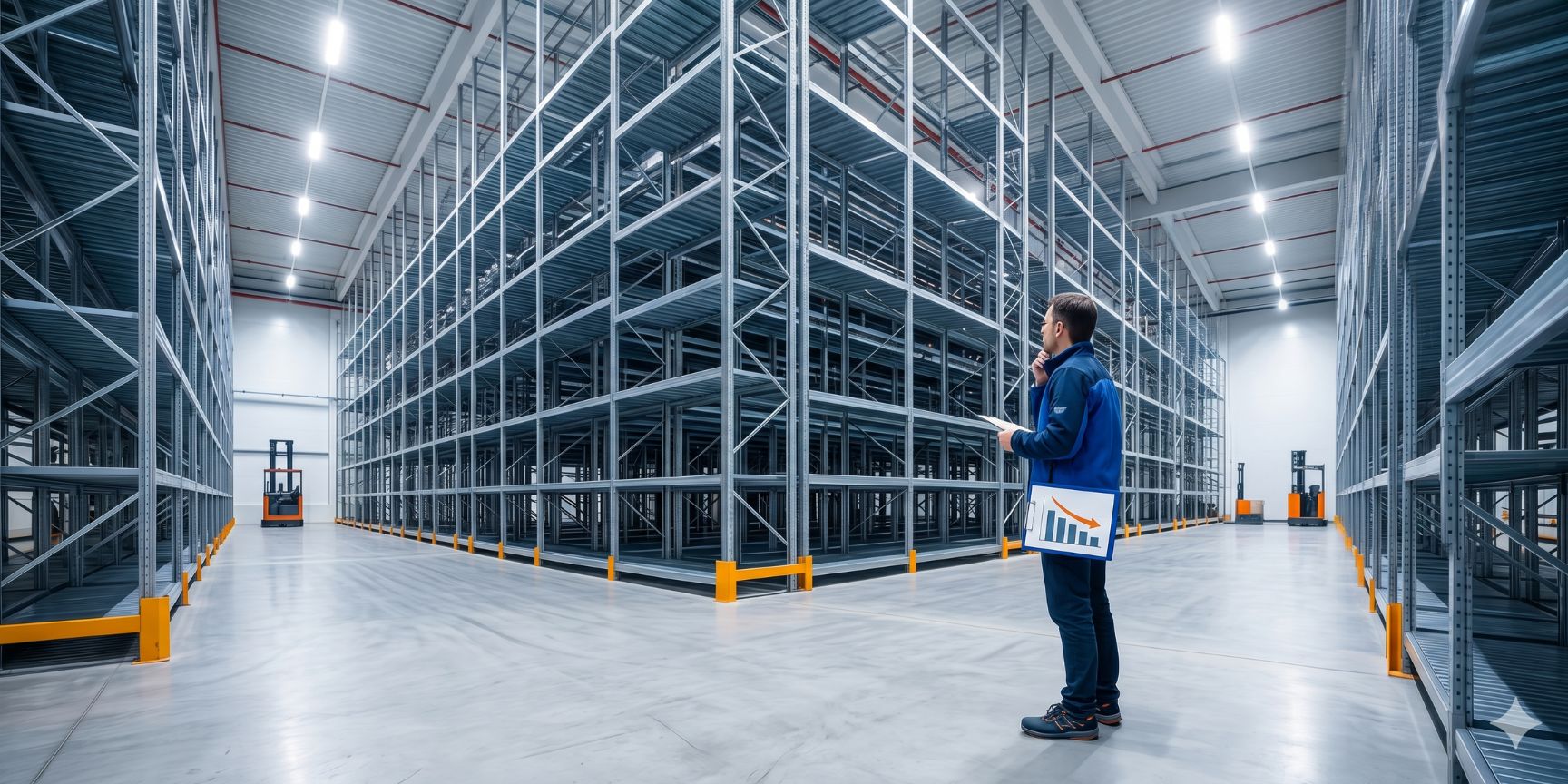 View of a modern high-bay warehouse with many empty storage spaces. A logistics planner looks thoughtfully at the unused space, symbolized by empty rows of shelves.